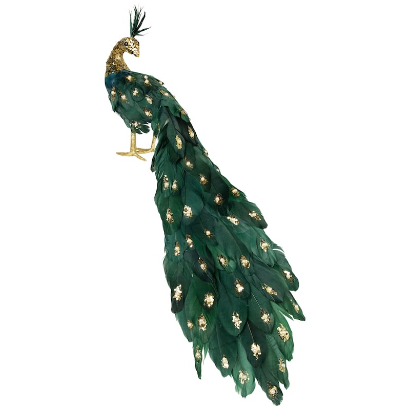 Glittered Peacock with Faux Pearls Christmas Decoration - 22" - Green