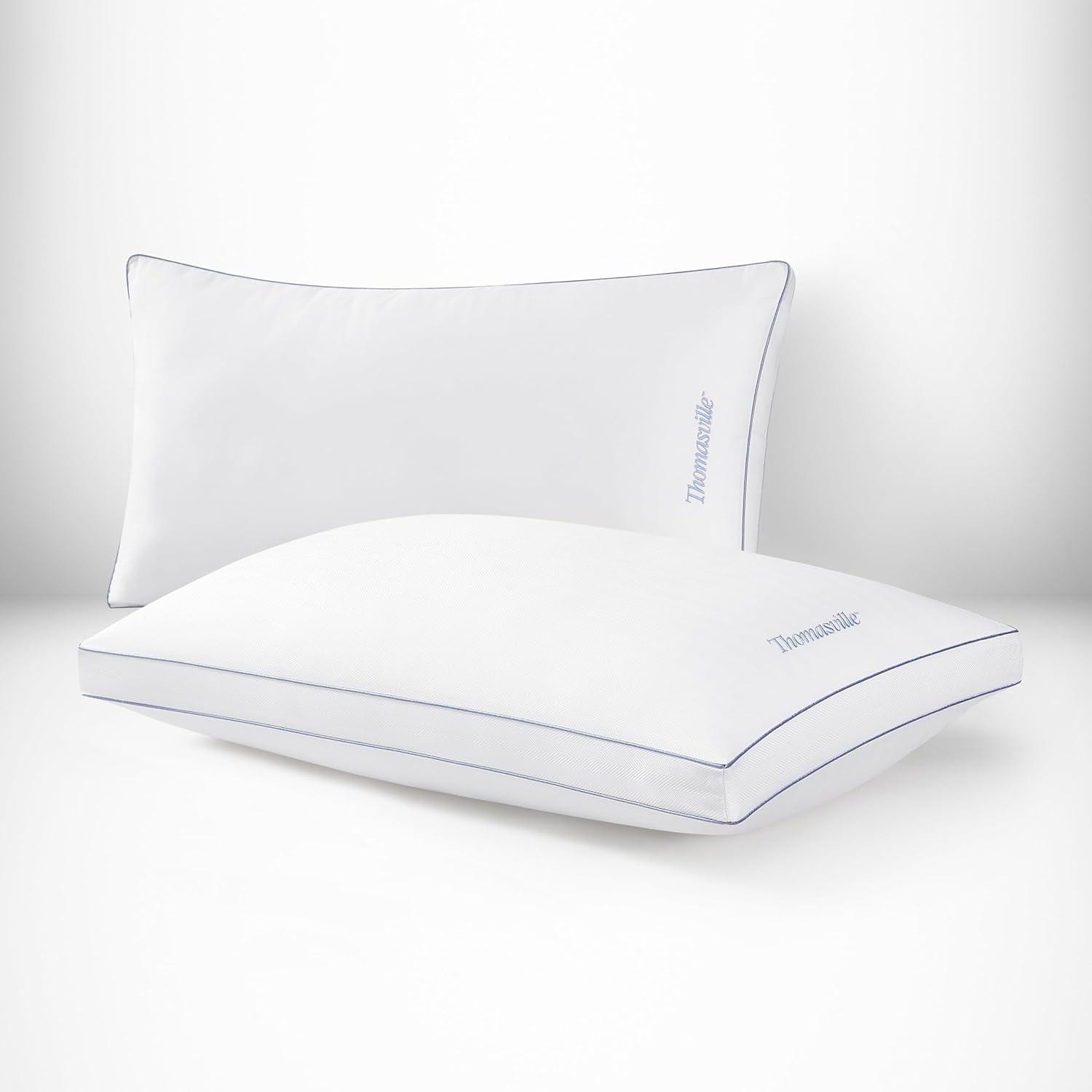 Thomasville 100% Cotton Herringbone Bed Pillow with Supportive Gusset for Side, Back and Stomach Sleepers, Set of 2