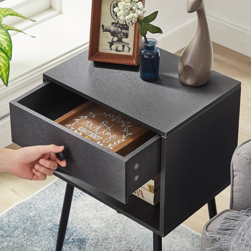 VECELO, (Set of 2) Modern 1-Drawer Brown/Grey Nightstand with Storage Shelf