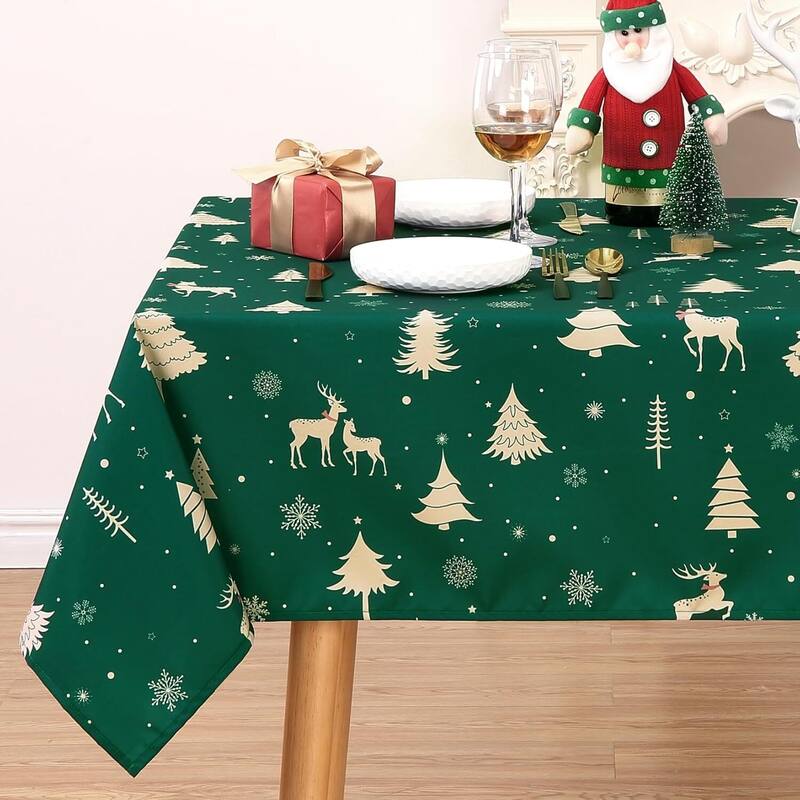 Christmas Rectangular Tablecloth Waterproof Holiday Xmas Decor, Green
