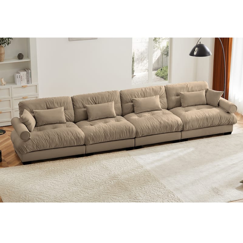 166" Velvet 4-Seater Sofa, Bolster Arms and High-Resilience Cushions - Camel