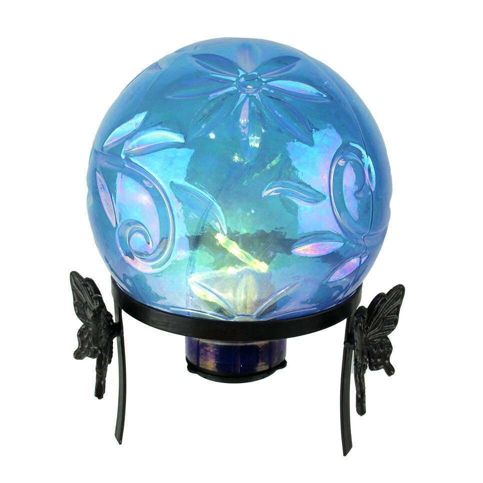 Shop Iridescent Blue Glass LED Lighted Gazing Ball with Butterfly Stand