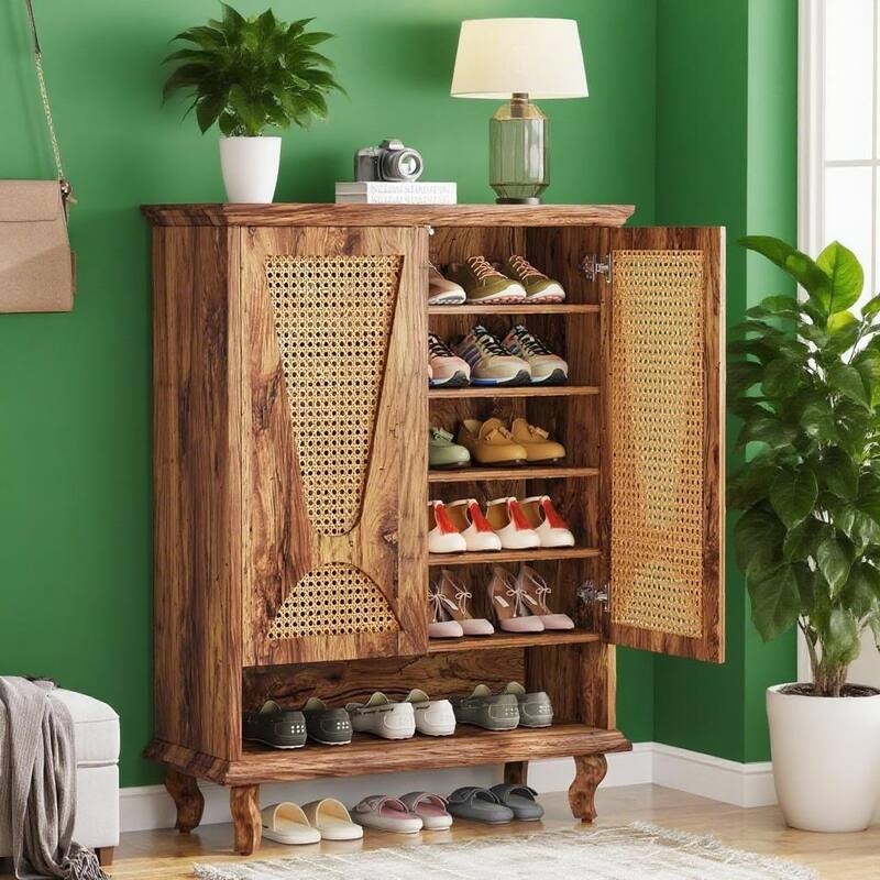 Brown Rattan Shoe Cabinet with Adjustable Shelves and Solid Wood Legs for Entryway Storage - 29.53"W x 13.78"D x 43.31"H