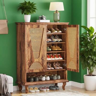 Brown Rattan Shoe Cabinet with Adjustable Shelves and Solid Wood Legs for Entryway Storage - 29.53"W x 13.78"D x 43.31"H