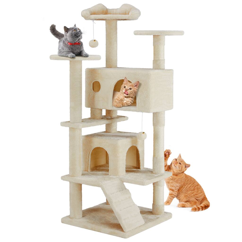 54in Cat Tree, Indoor Cat High-rise Multi-story Tower, Pet Playroom With Large Apartment