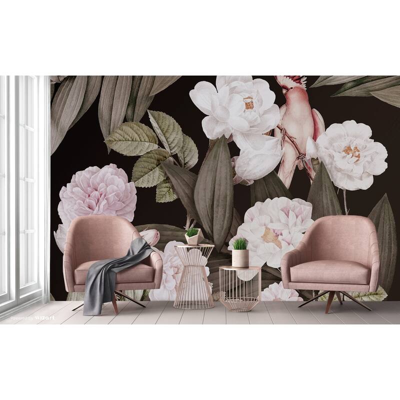 Exotic Flowers Night Garden Wallpaper Mural Tropical Bird