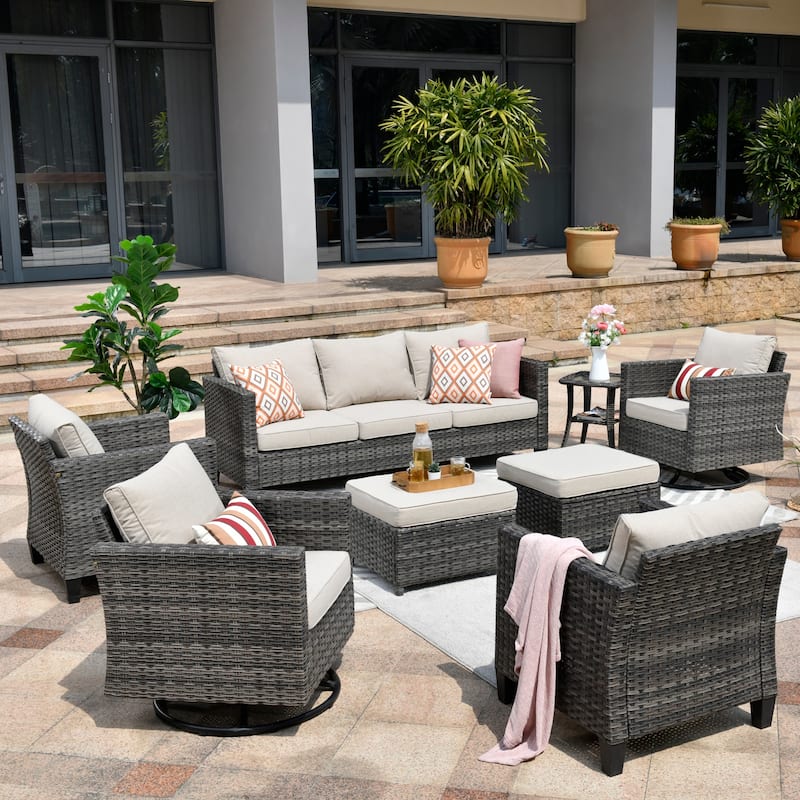 OVIOS 8-piece Patio Wicker Conversation Furniture Set with Swivel Chairs - Beige