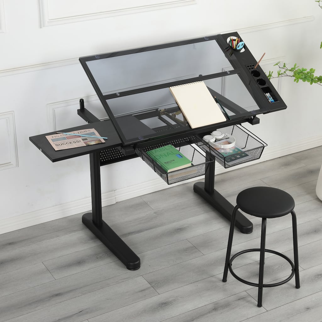 Hand Crank Adjustable Drafting Table Drawing Desk with 2 Metal Drawers and Stool
