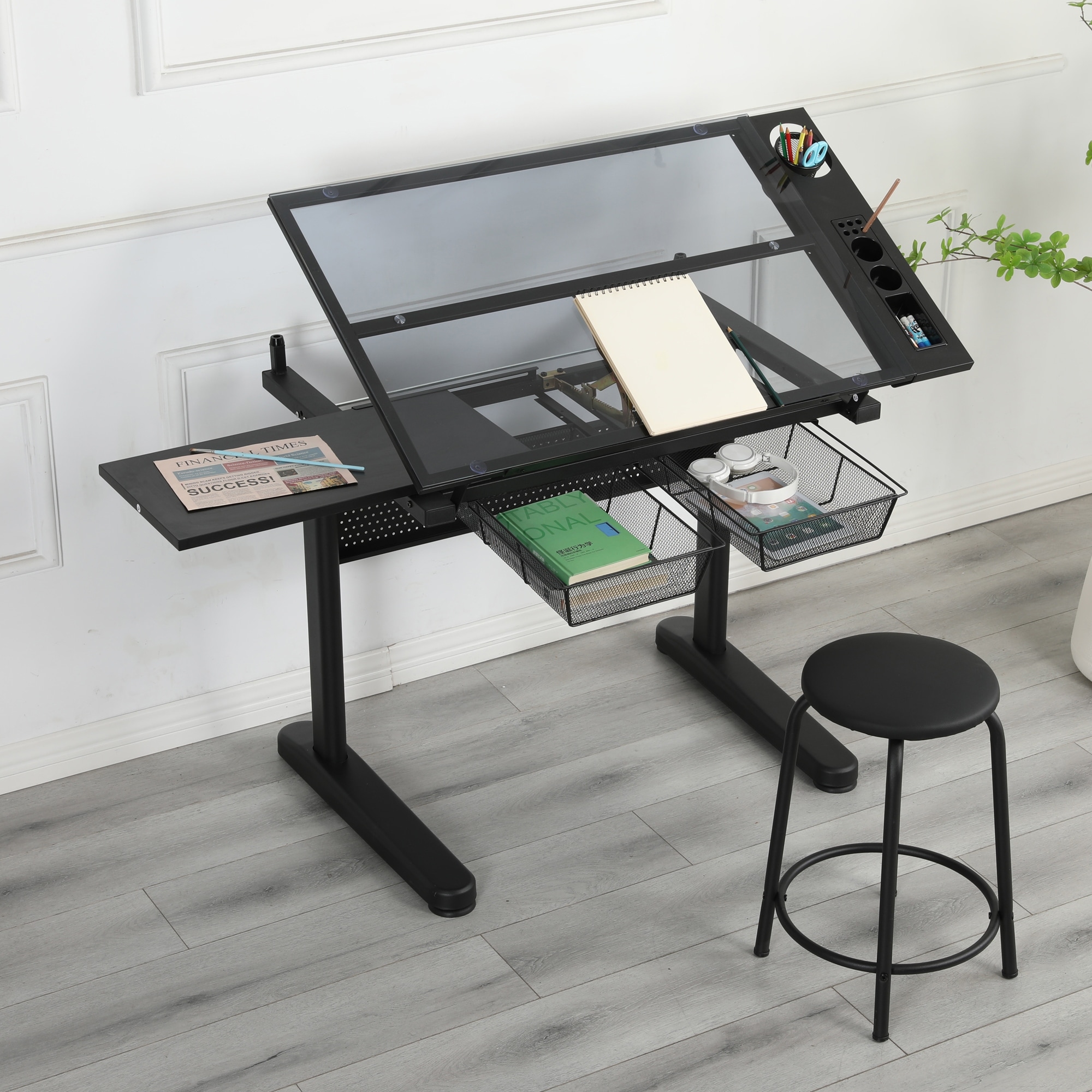 Hand Crank Adjustable Drafting Table Drawing Desk with 2 Metal Drawers and Stool