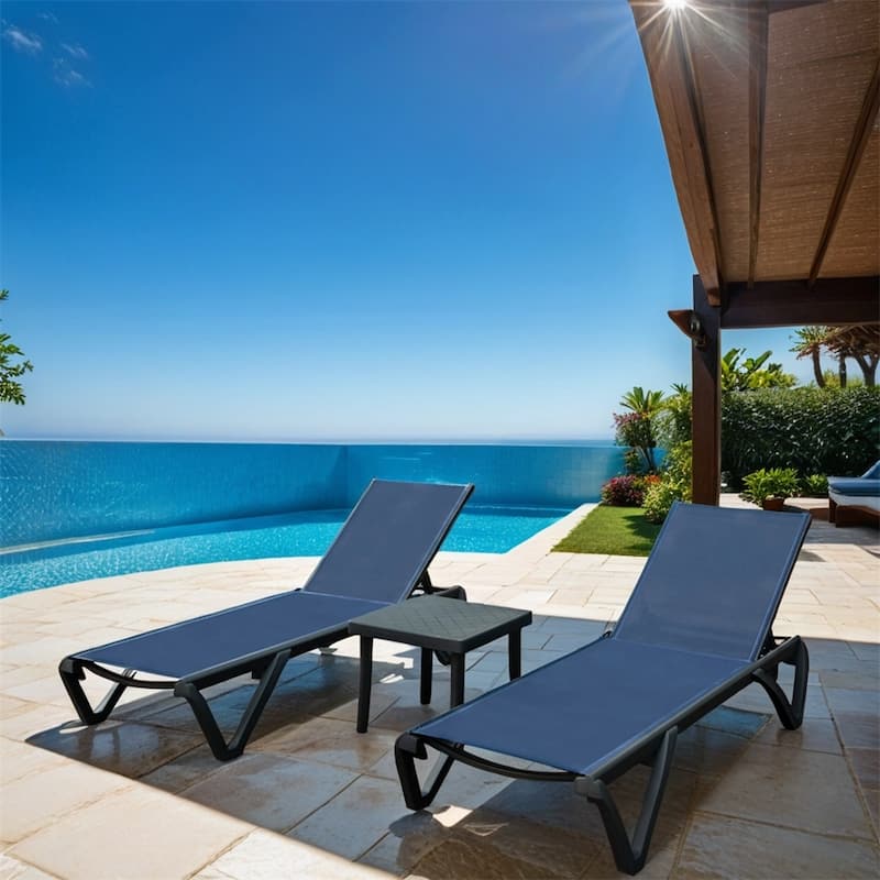 Outdoor Adjustable Backrest Lounge Chair with Side Table (Set of 3) - Navy Blue