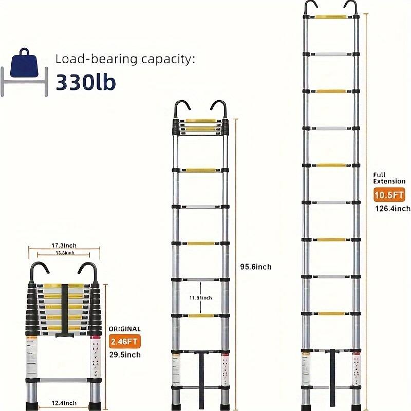 10.5ft Retractable Ladder, Multi-functional Foldable Ladder, With Hook, Aluminum Retractable Ladder