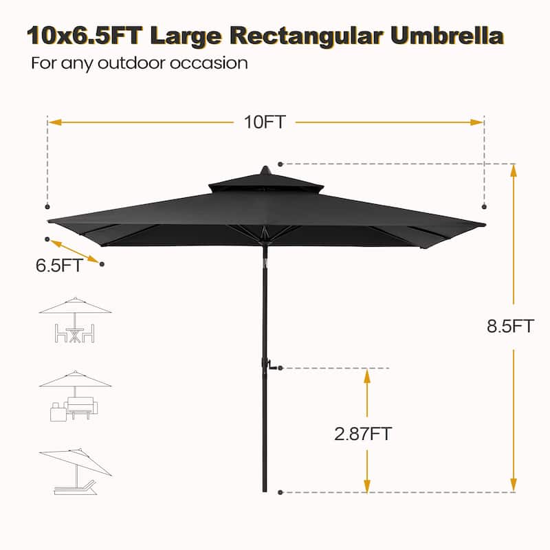 VredHom 10 x 6.5 Ft Double Top Market Patio Umbrella with Tilt-and-Crank