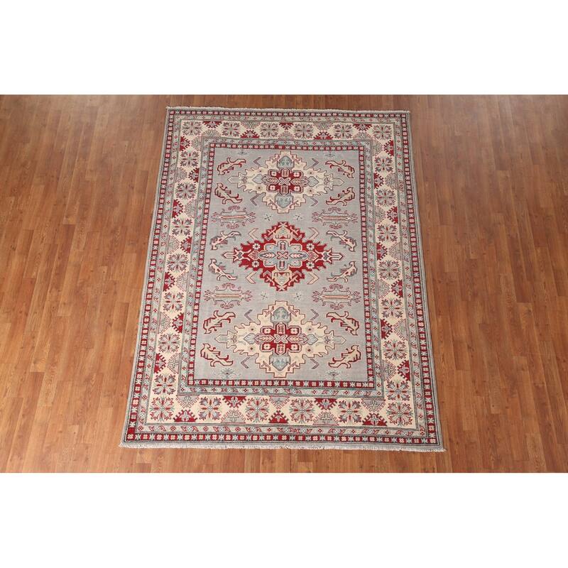 Gray Kazak Area Rug Handmade Wool Carpet - 5'8" x 7'10"