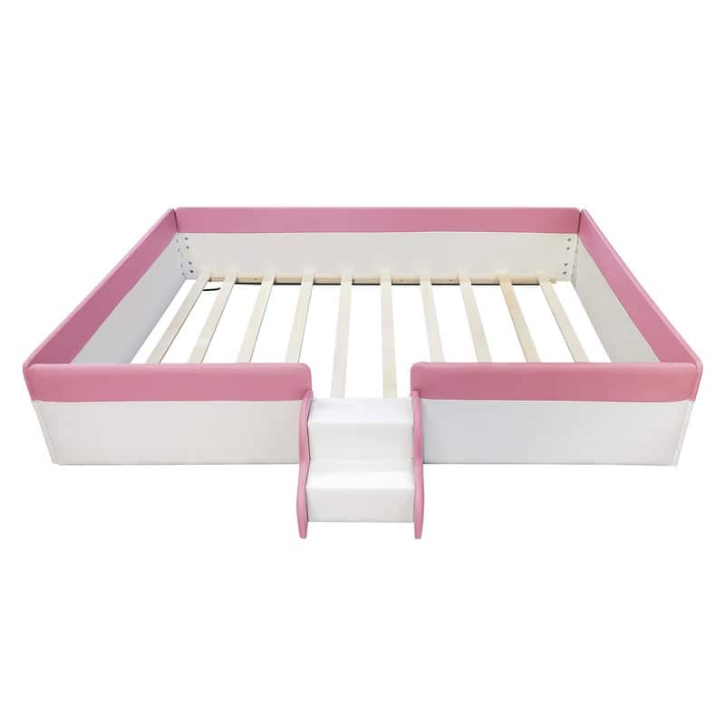 Upholstered Daybed with Fence and Stairs for Kids, Twin/Full/Queen/King Size Floor Montessori Bed with Slats Support