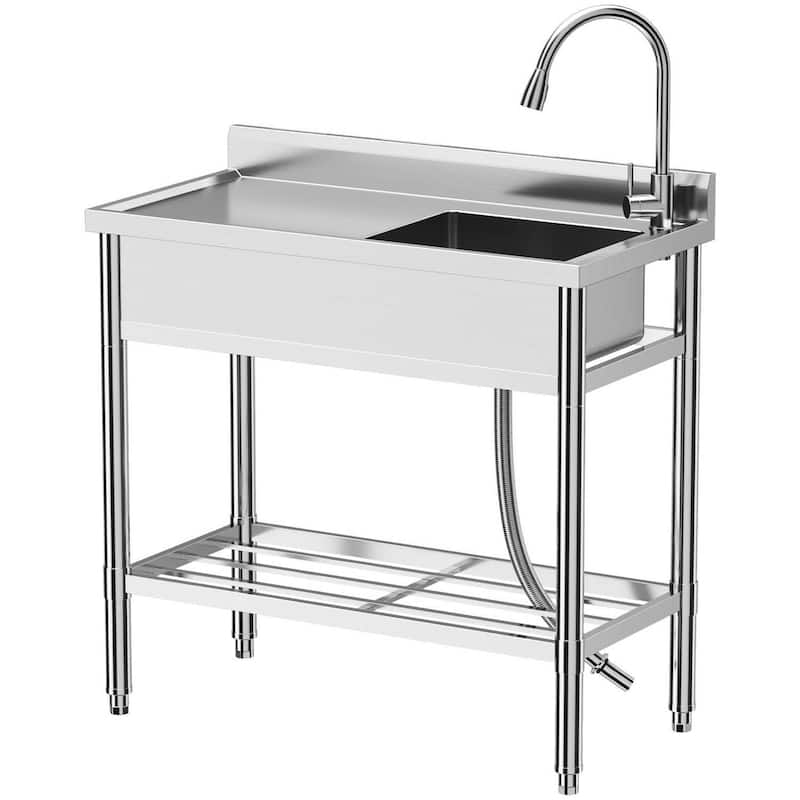 Freestanding Stainless Steel Single Bowl Sink for Garage, Kitchen - 39 x 20 x 37 Inch with Faucet
