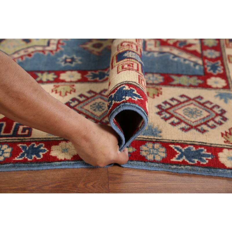 Hand Knotted Oriental 100% Wool Carpet Traditional Geometric Navy Blue & Blues Kazak Area Rug - 9' 10'' X 6' 8''