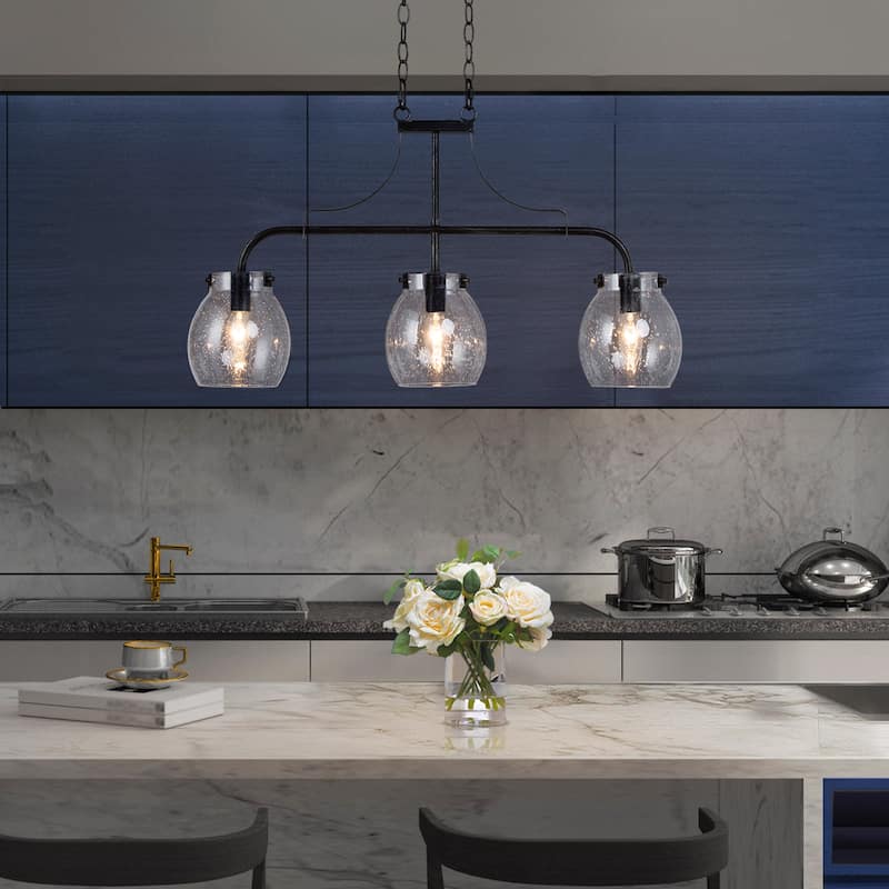 Modern Black 3-Light Linear Seeded Glass Chandelier Island Lights for Dining Room - L25"x W 5"x H 14"