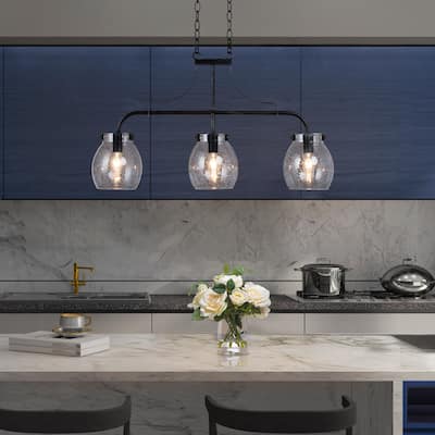 Modern Black 3-Light Linear Seeded Glass Chandelier Island Lights for Dining Room - L25"x W 5"x H 14"