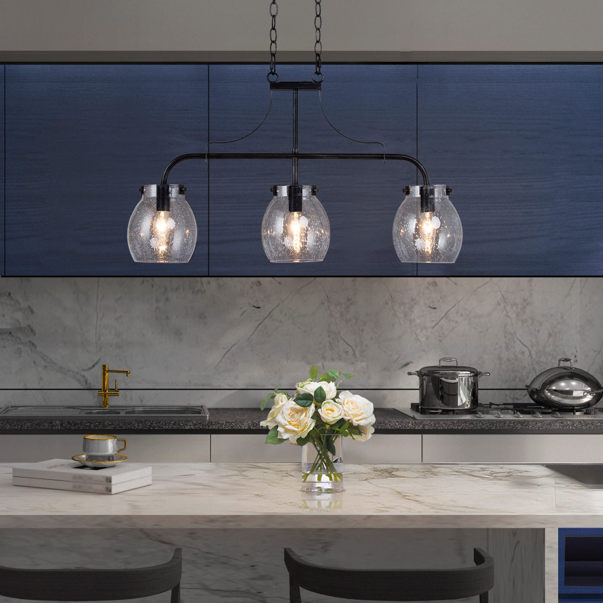 LALUZ Modern Black 3-Light Linear Seeded Glass Chandelier Island Lights for Dining Room - L25"x W 5"x H 14"