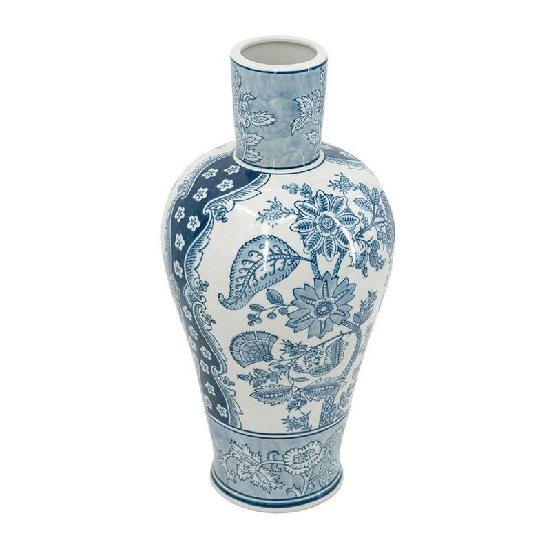 17" Light Blue And White Floral Round Porcelain Table Vase - 8.10