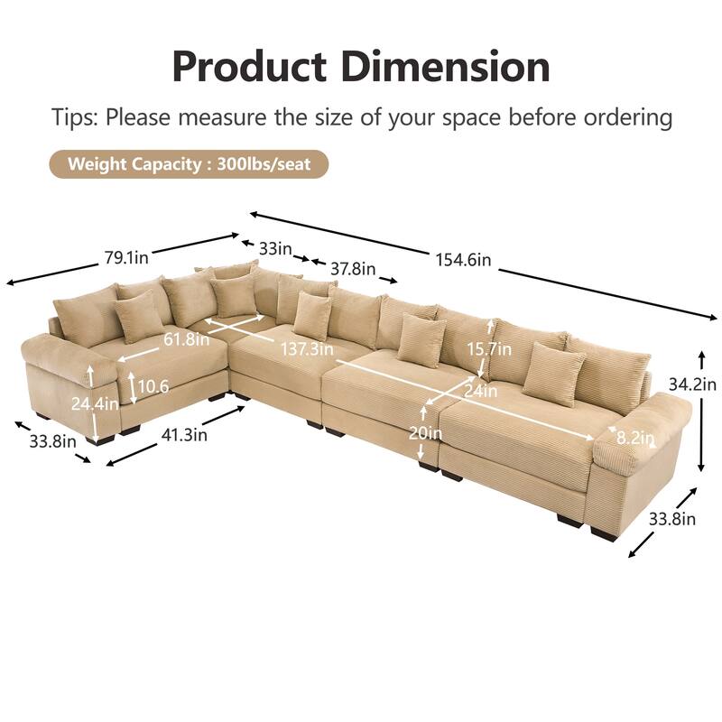 GDFStudio - Corduroy L-Shaped 5-Seater 154.6" Cloud Modular Sectional Couch