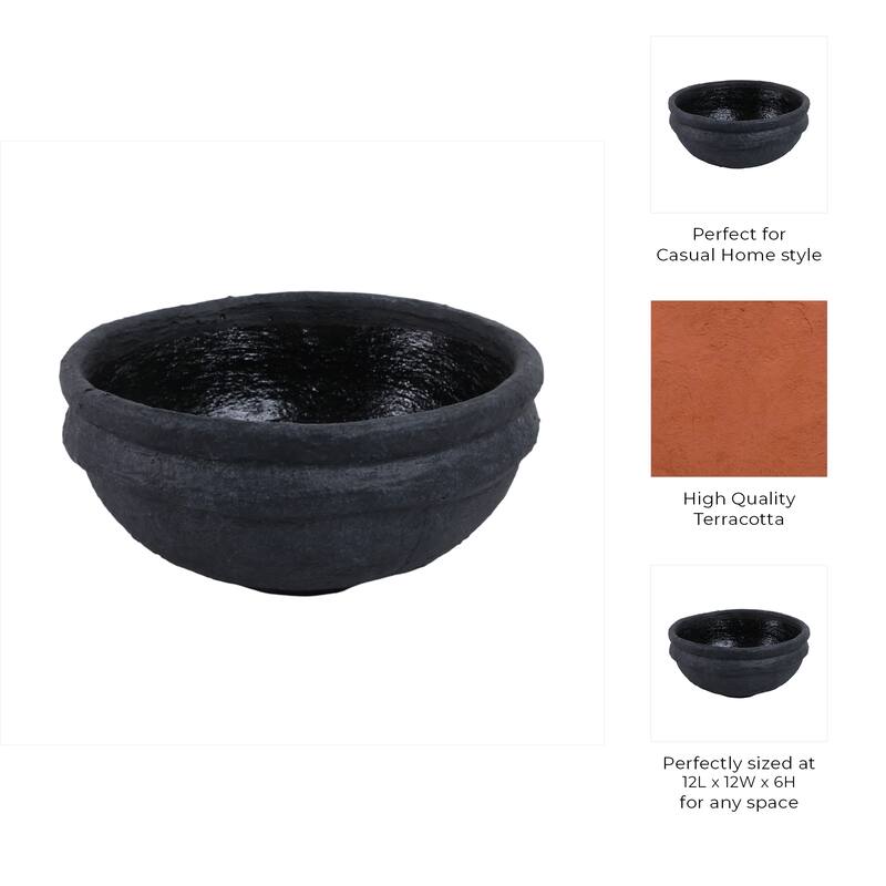 Terracotta Decorative Bowl Handcrafted Textured Design - 6" Black - 12" x 12" x 6"
