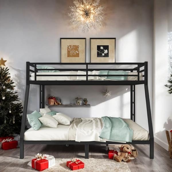 slide 2 of 11, Metal Queen over King Bunk Bed for Teens and Adults, Space-Saving, Noise Reduced, Sturdy Construction & Safety Guaranteed, Black Black