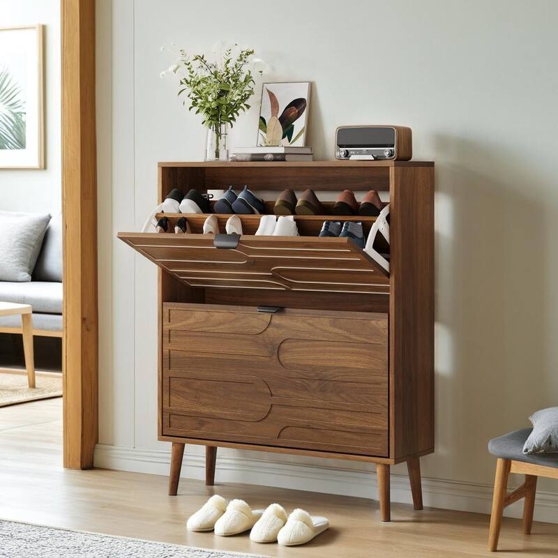 Modern 31.5 in Walnut Shoe Storage Cabinet with 2 Flip Drawers
