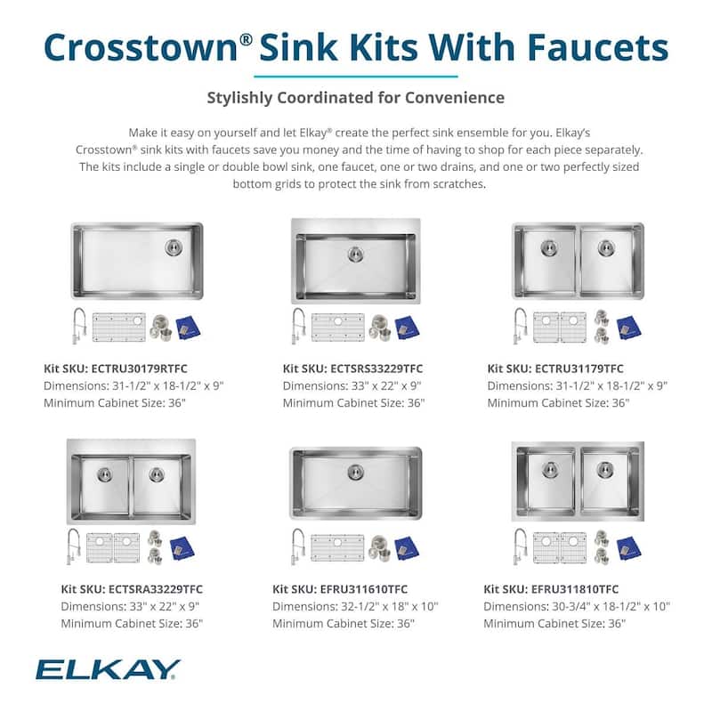 Elkay Crosstown 16 Gauge Stainless Steel, 30-3/4" x 18-1/2" x 10" Equal Double Bowl Undermount Sink Kit