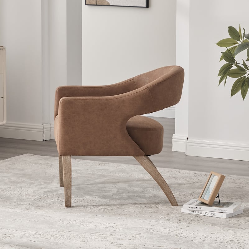 Modern Upholstered PU Open Back Accent Armchair Barrel Dining Chair with Weathered Rubberwood Legs, Hollow-Out Side Club Chair