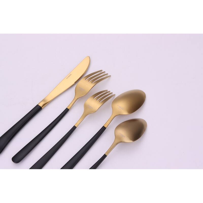 20 Pc Flatware Set Matte Gold With Black Handles - Service For 4