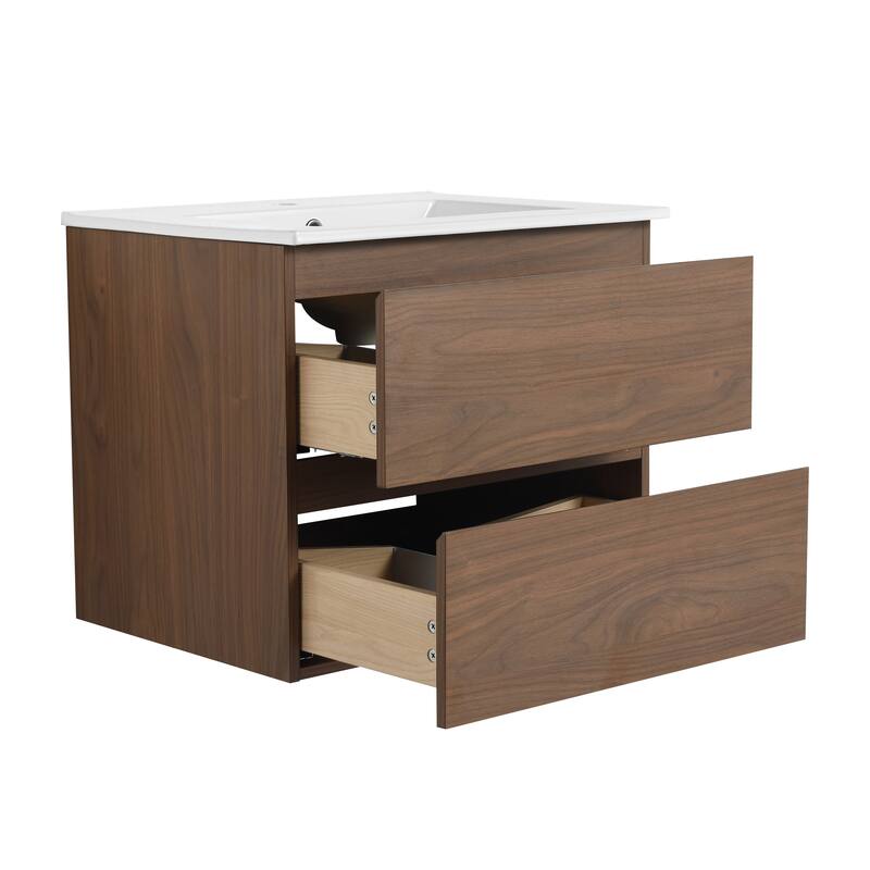 24" Floating Bathroom Vanity with Ceramic Basin, 2 Soft-Close Drawers, Eco-Friendly Plywood Construction