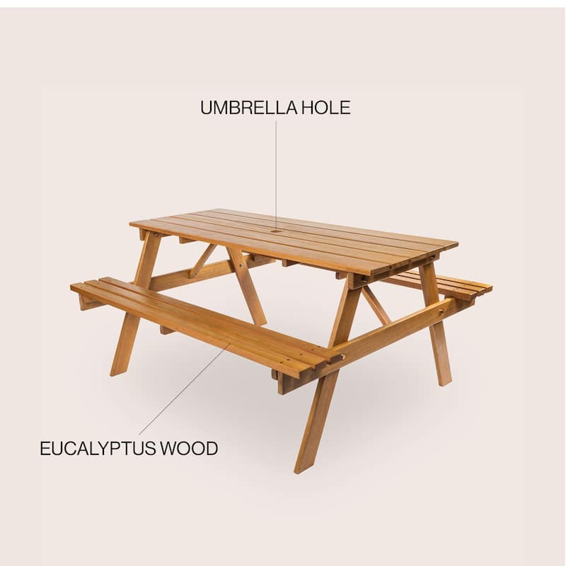 Porto 59" Modern Classic Outdoor Wood Picnic Table Benches with Umbrella Hole, by JONATHAN Y