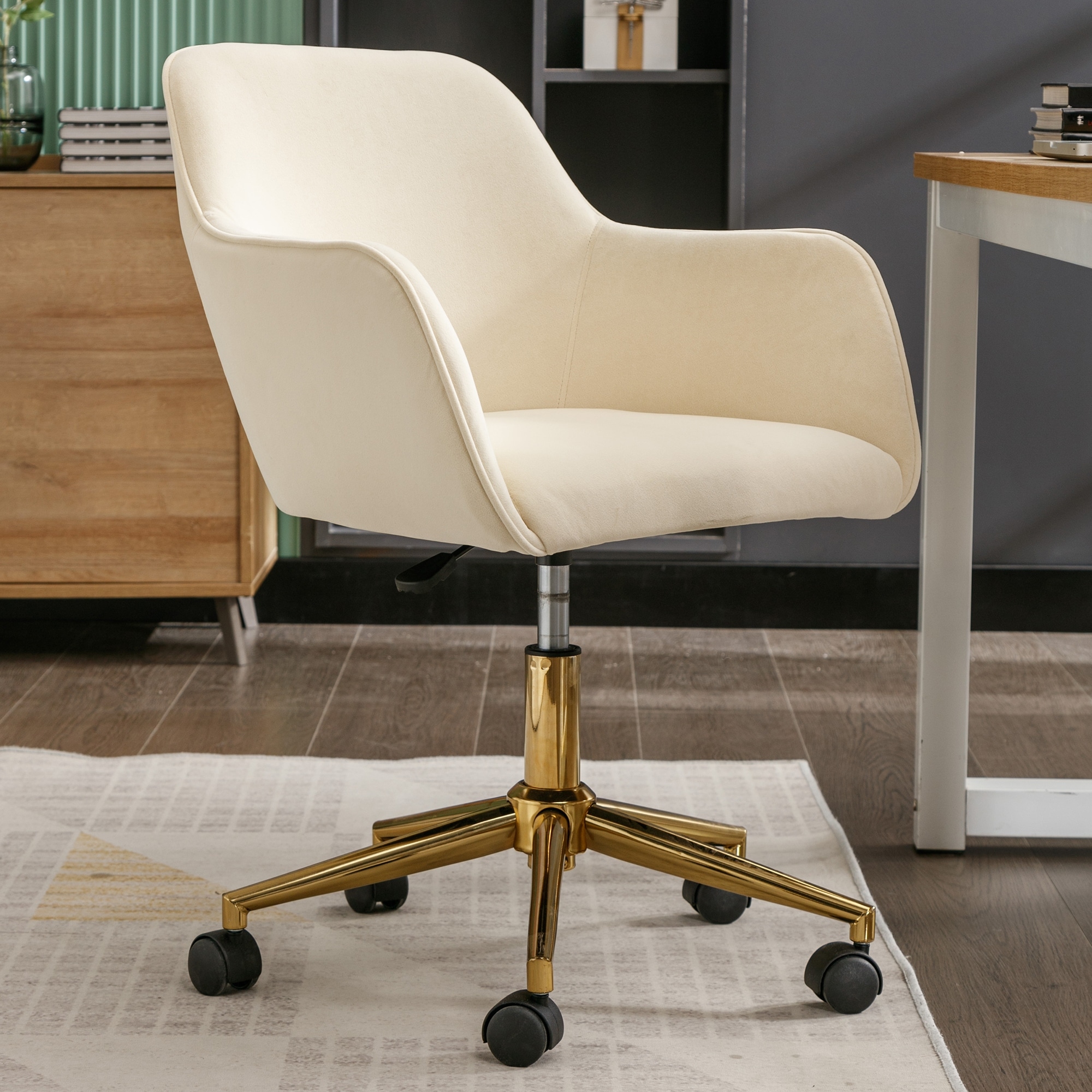  Swivel Chair Velvet Desk Chair with Adjustable Swivel Wheels  Upholstered Home Office Chair with Gold Metal Legs Ergonomic Office Chair  for Living Room, Bedroom, Office, Dresser and Study (Gray) : Home