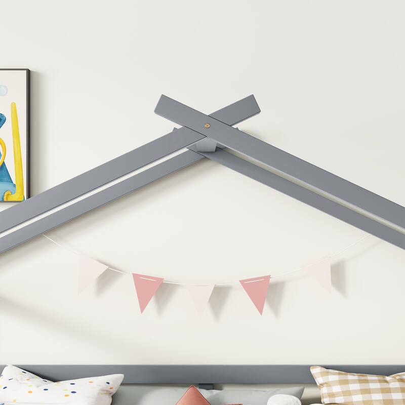 Twin Loft Bed with Slide, Ladder, Safety Guardrails, and House Roof Frame in Grey