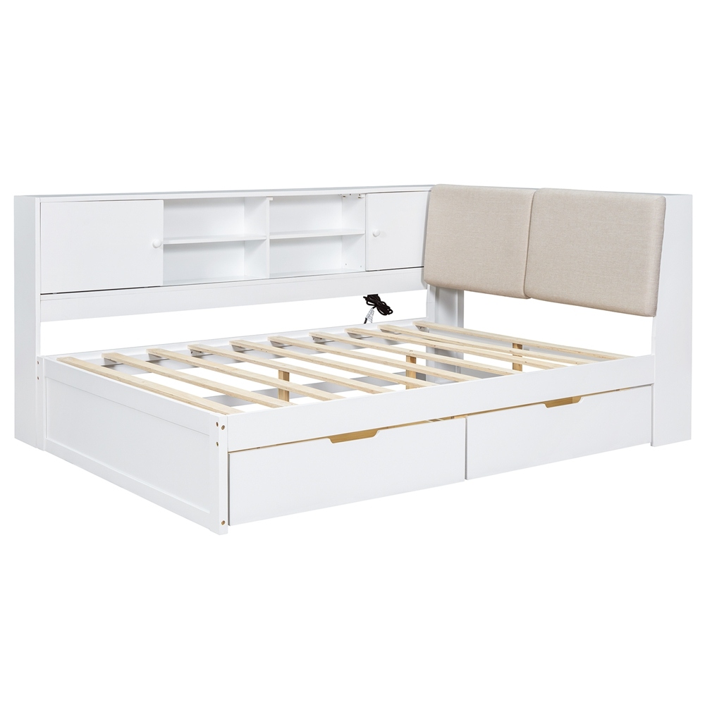 Wooden L-shaped Daybed Corner Bed with Storage Bookcase and USB Charging Ports