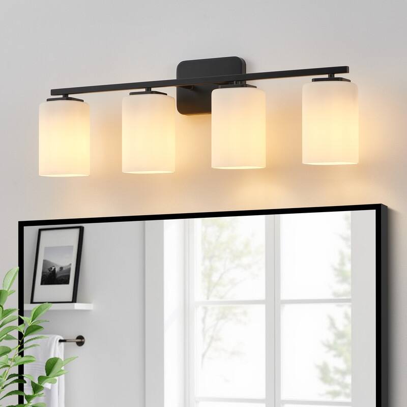 KAWOTI Modern & Contemporary Vanity Light with Frosted Glass Shade - 4-Light(W28.5'')