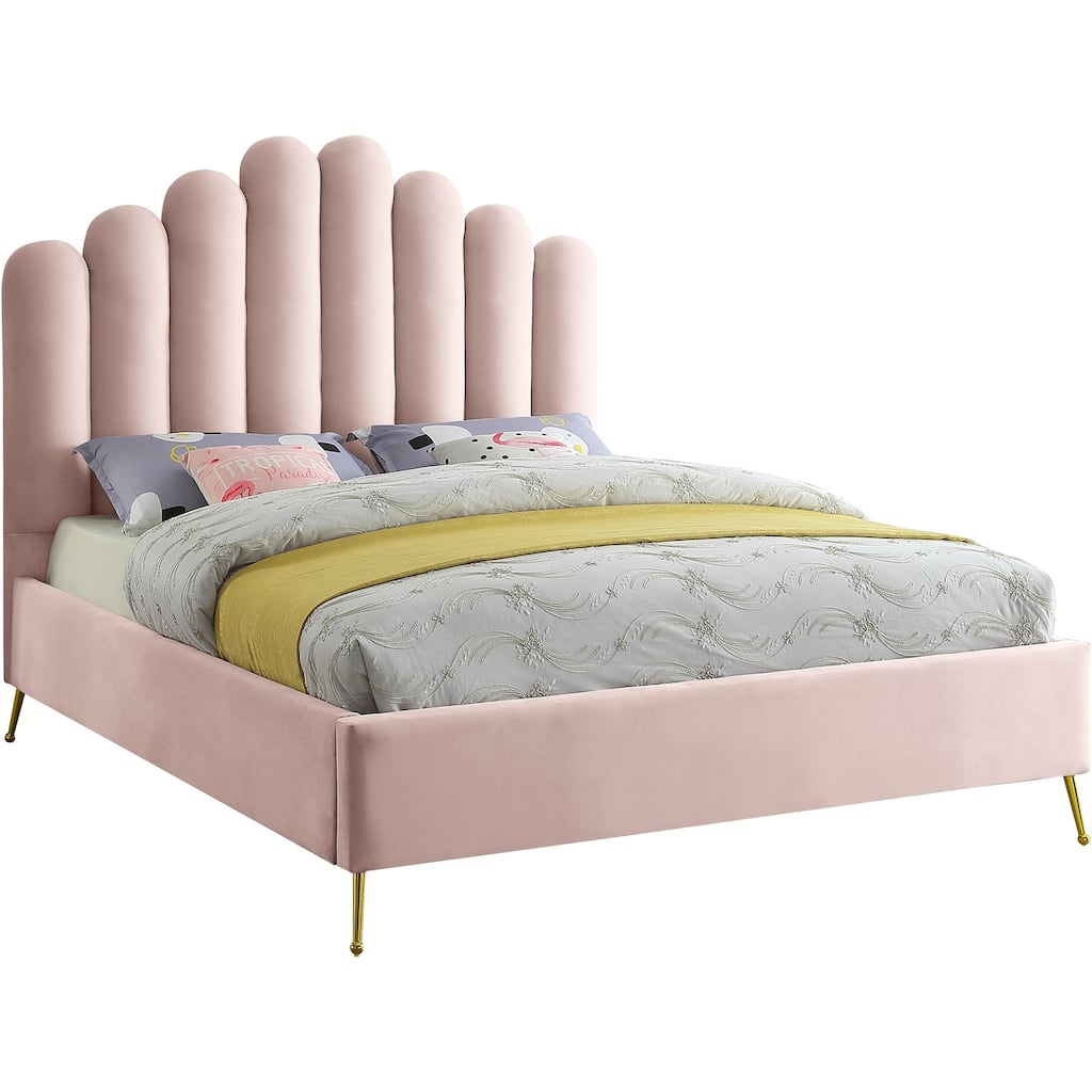 Velvet Platform Bed - Upholstered Bed with Tufted Headboard & Gold Legs