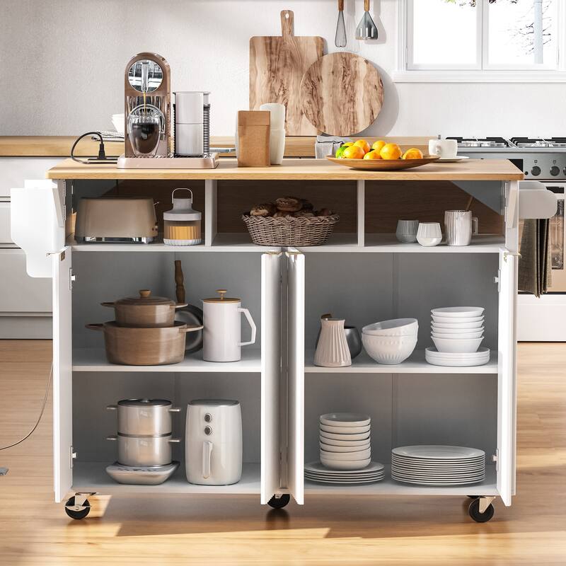 55.5" Fluted Kitchen Island with 2 Drop Leaf, Power Outlet, 4 Doors & Spice Rack