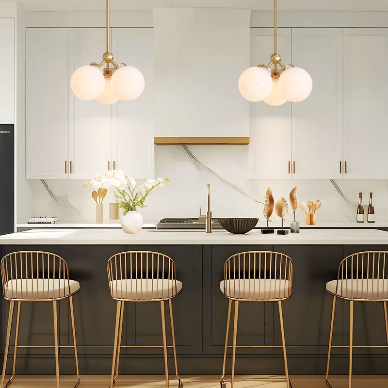 3-Light 14.2" W Mid-Century Modern Brushed Gold Chandelier with Opal Glass Bubble Globe Shades for Living Room, Bedroom