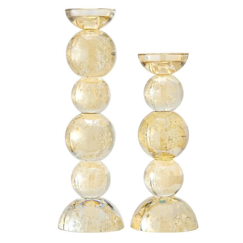 Bubble Glass Orb Pillar Candle Holders - 15.25" - Champagne Gold - Set of 2