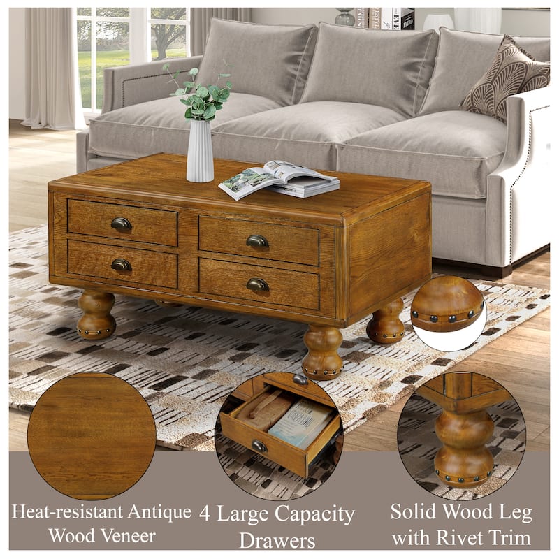 Rectangle Coffee Table, 40-Inch Antique Coffee Table with 4 Drawers,Wood Center Table Tea Table with Rivet Decoration Legs