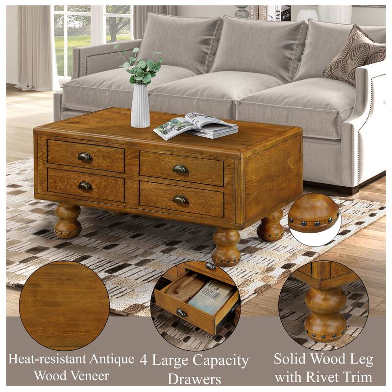 Solid Wood Rectangle Coffee Table with 4 Drawers