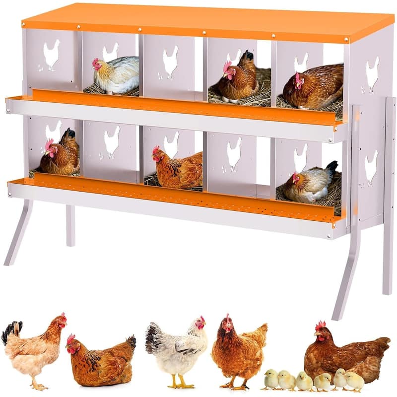 10 Compartment Metal Chicken Nesting Box, Laying Box for Hens Ducks Rabbits, Orange - Orange with Legs