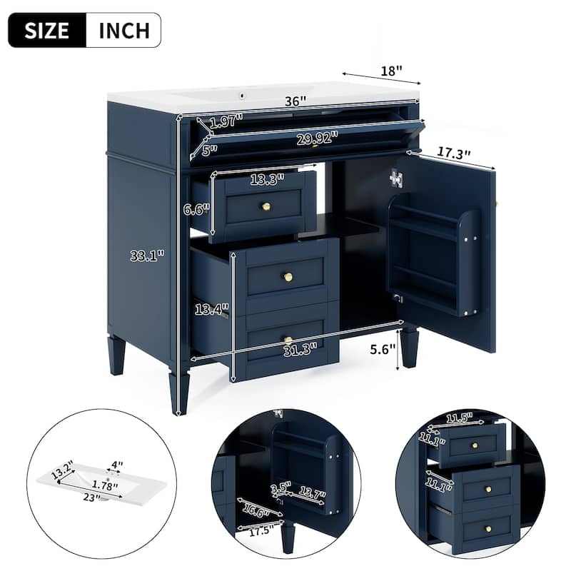 36 Inch Bathroom Vanity with Top Sink, Tip-Out Drawer, Soft Close Doors, Freestanding Cabinet for Storage