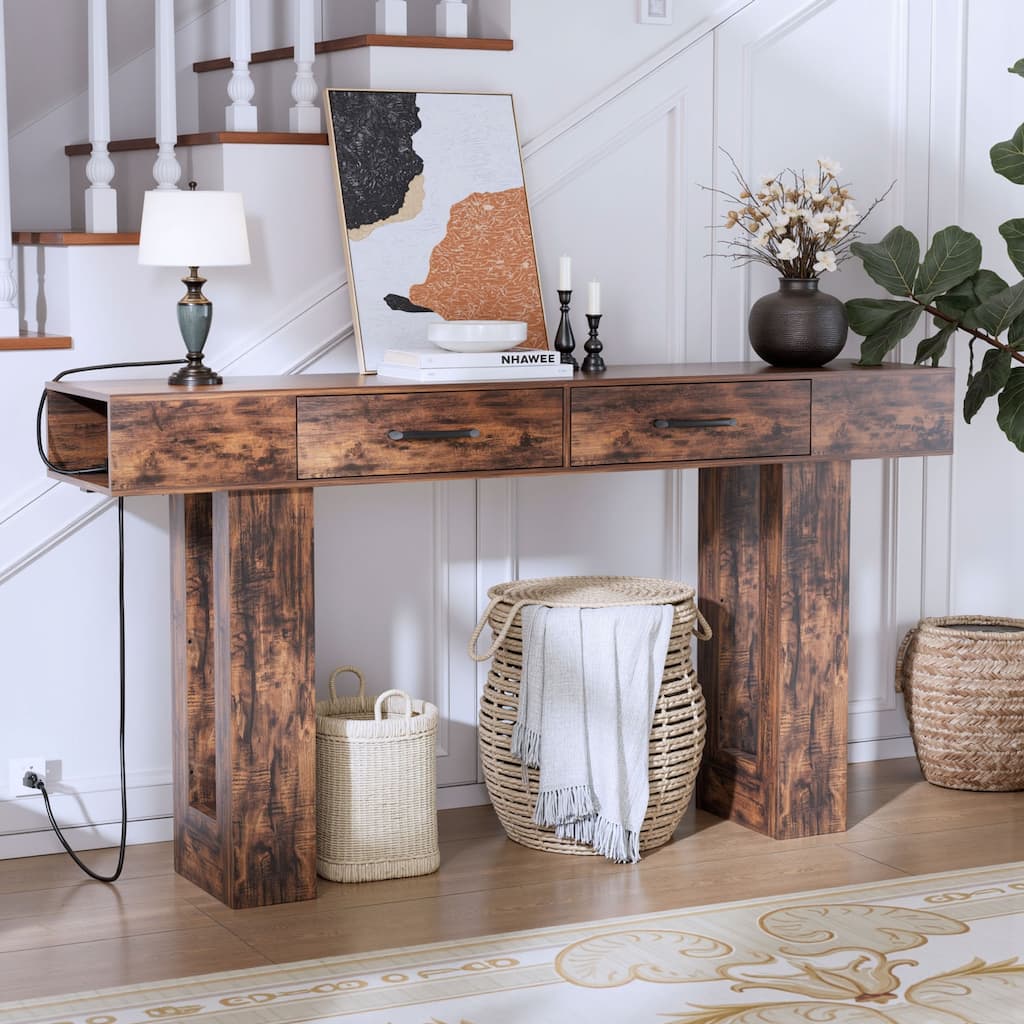 63-Inch Long Console Table, Wooden Rectangular Sofa Table Behind The Couch, Farmhouse Entryway Table for Entrance, Hallway