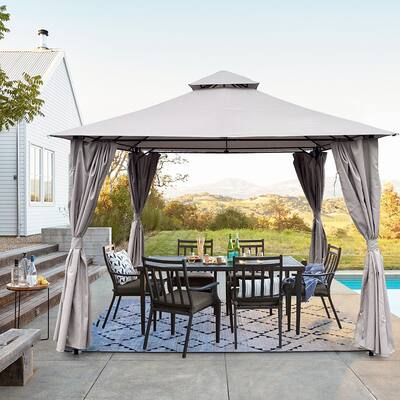 10x10 Ft Outdoor Patio Garden Gazebo Canopy With Curtains, Gray