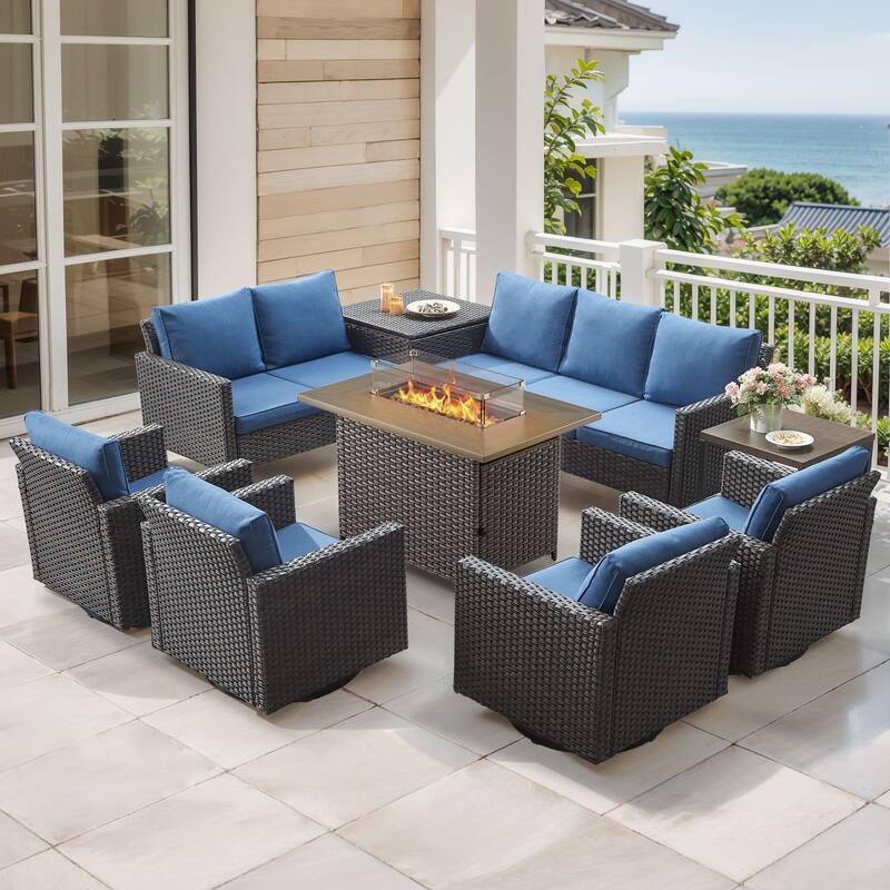 Gymojoy 9 Piece Wicker Outdoor Patio U-shaped feet Conversation Set Group , Include Fire Pit Table