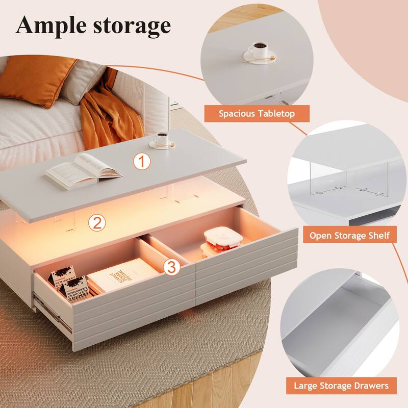 Modern White Rectangular LED Lights Coffee Table with 2 Drawers