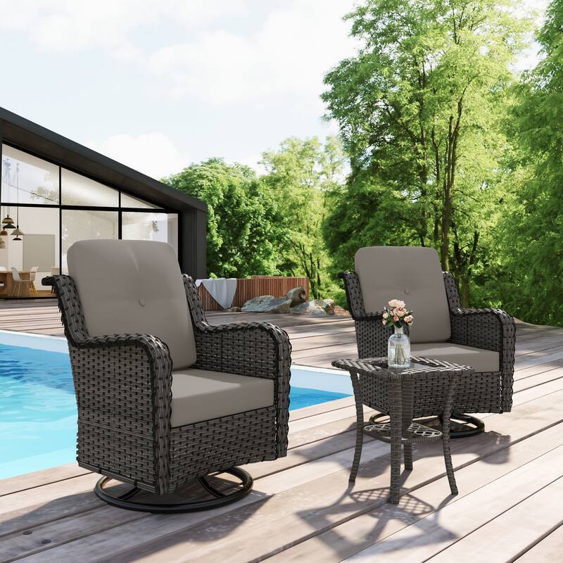 Outdoor 3 Pieces Rattan Wicker Bistro Set Swivel Rocker With Cushion & Table - Light Grey